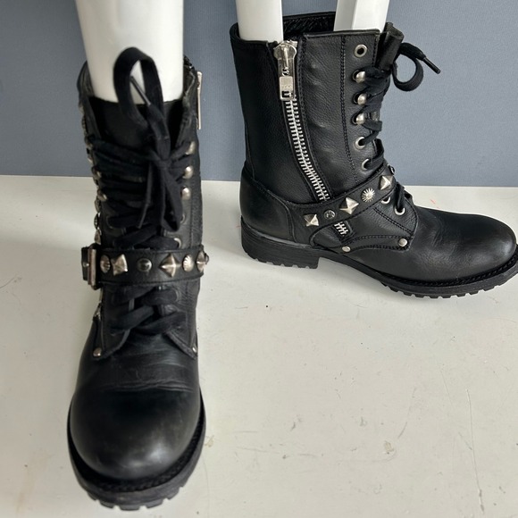 Ash Combat Boots women's size 37.5 / 7.5 Black Leather Studded Buckle Moto Punk - Picture 3 of 12